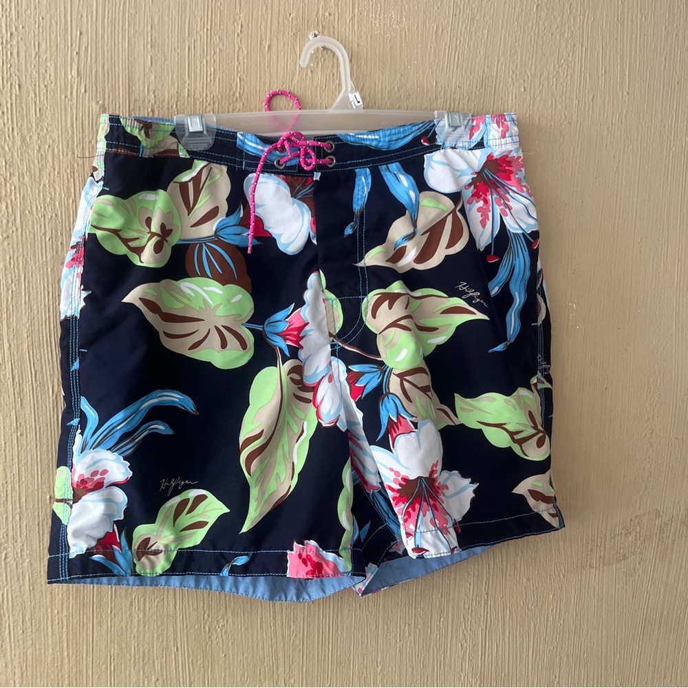 TOMMY HILFIGER Floral Premium Swim Trunks board shorts sz large y2k lace up